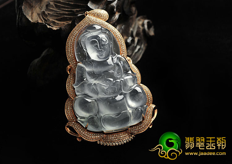 玻璃种缅甸翡翠A货镶玫瑰金观音胸坠（真钻）