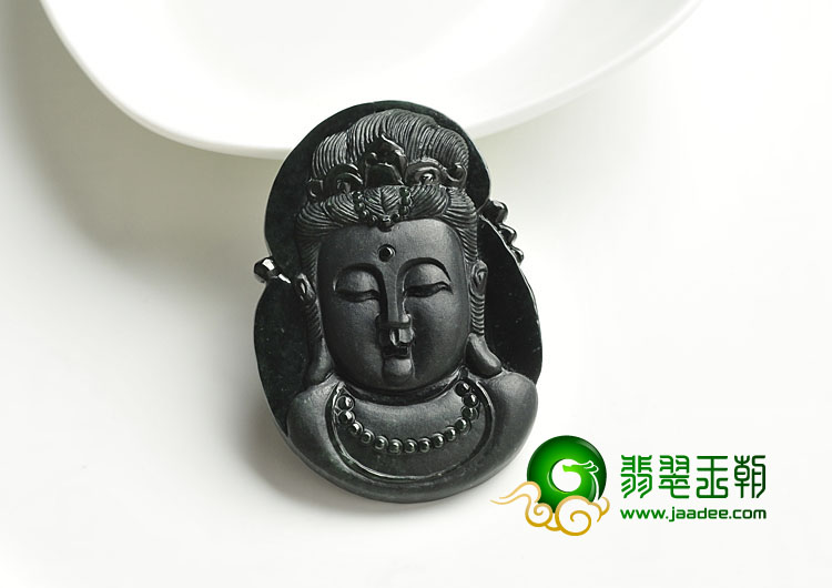 冰种墨翠缅甸翡翠A货观音头挂件