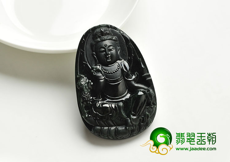 糯冰种墨翠缅甸翡翠A货观音挂件