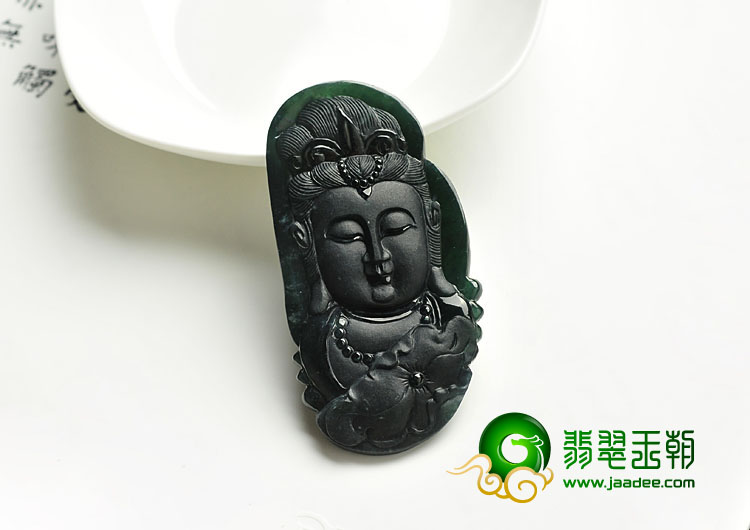 冰种墨翠缅甸翡翠A货观音头挂件