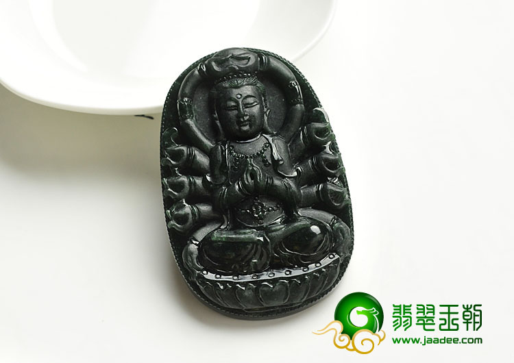 冰种墨翠缅甸翡翠A货千手观音挂件