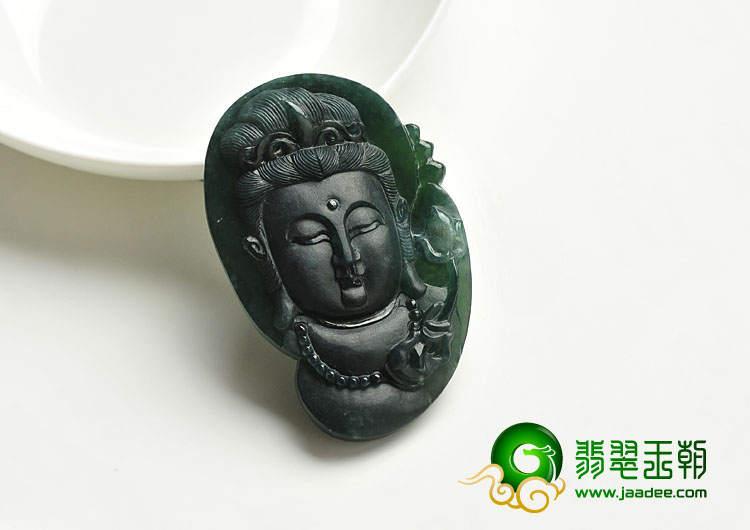 冰玻种墨翠缅甸翡翠A货观音头挂件