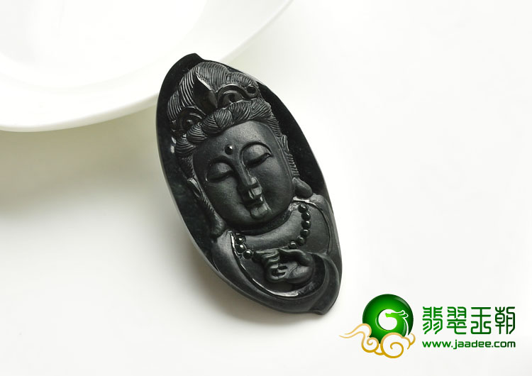 冰种墨翠缅甸翡翠A货观音头挂件