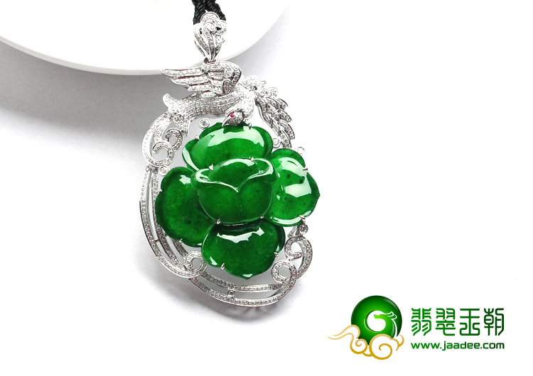 冰种正阳绿缅甸翡翠A货镶白金凤戏牡丹胸坠（真钻）