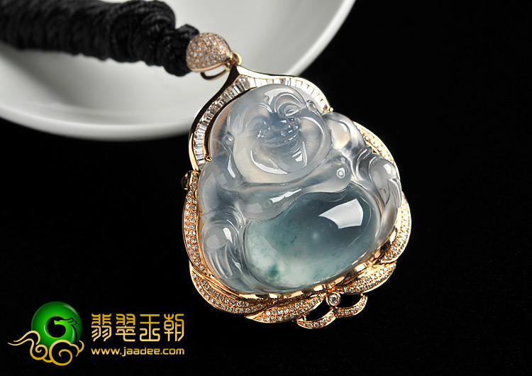 冰玻种飘花缅甸翡翠A货镶玫瑰金玉佛胸坠（真钻）