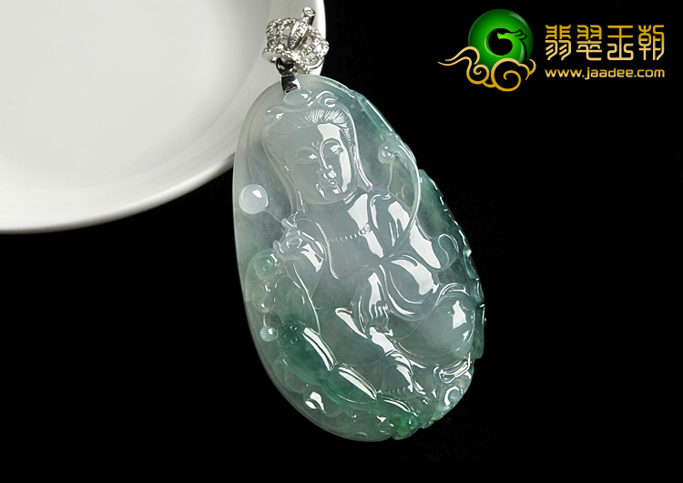 冰种飘花缅甸翡翠A货坐莲观音挂件