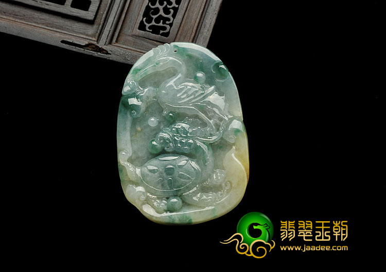 冰种飘花缅甸翡翠A货龟鹤齐龄挂件