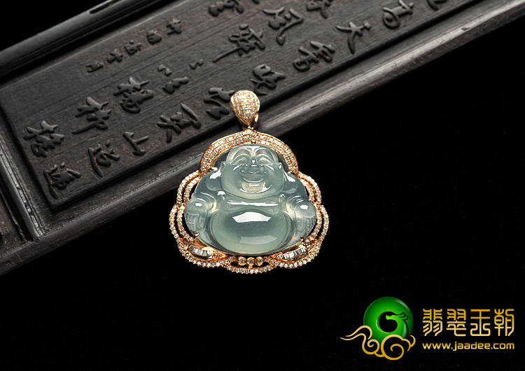 冰种晴水缅甸翡翠A货镶玫瑰金玉佛胸坠（真钻）