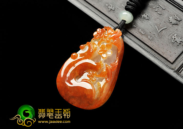 糯冰种红黄翡缅甸翡翠A货喜上眉梢挂件