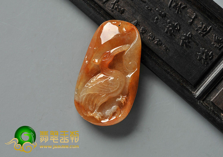 糯冰种红翡缅甸翡翠A货仙鹤挂件