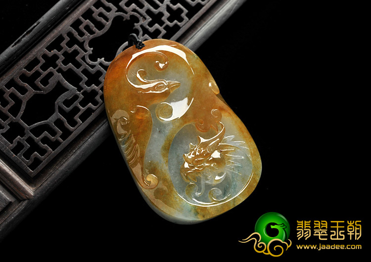 糯冰种黄翡飘花缅甸翡翠A货龙凤呈祥挂件