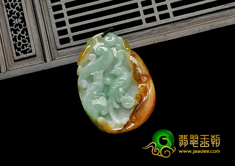 糯冰种红黄翡豆色缅甸翡翠A货双喜临门挂件