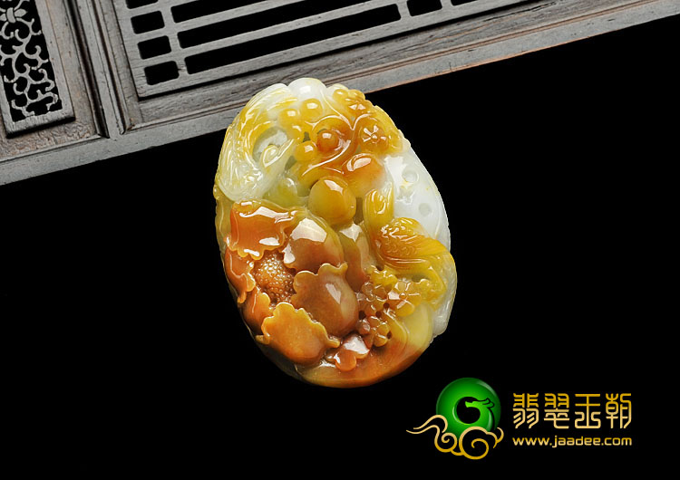 糯冰种褐黄翡缅甸翡翠A货富贵花开挂件