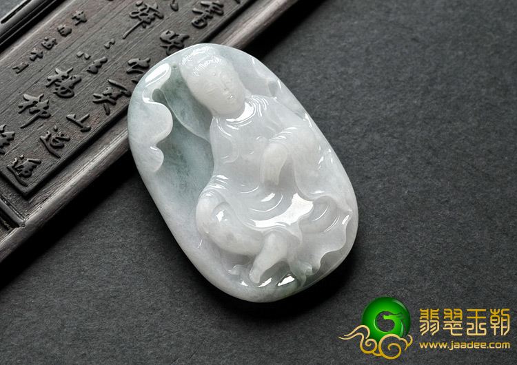 糯冰种青色缅甸翡翠A货观音挂件