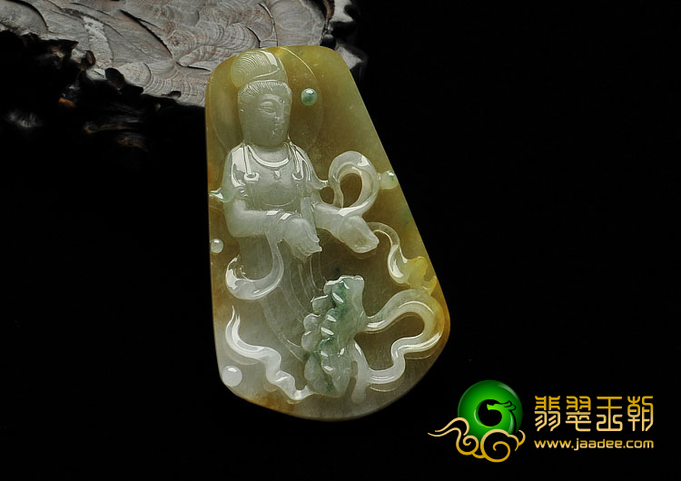 糯冰种黄翡飘花缅甸翡翠A货观音挂件