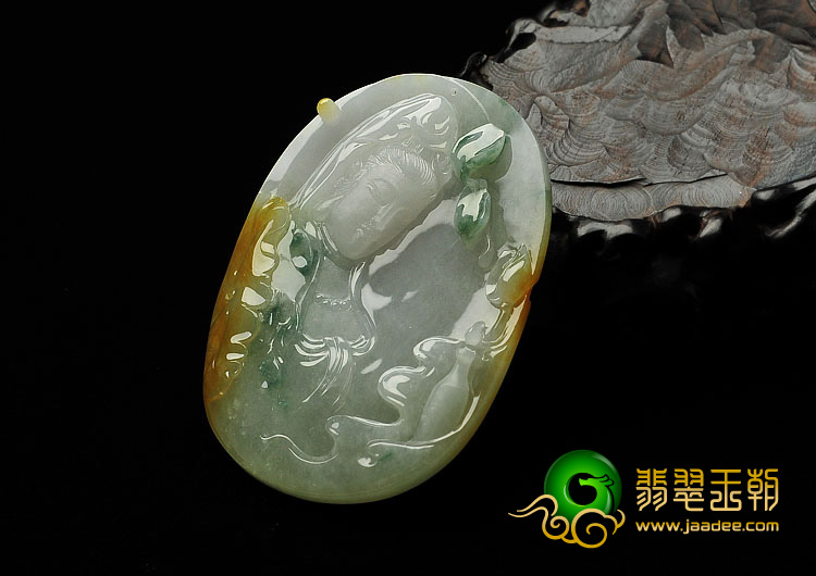 糯冰种黄翡飘花缅甸翡翠A货观音头挂件