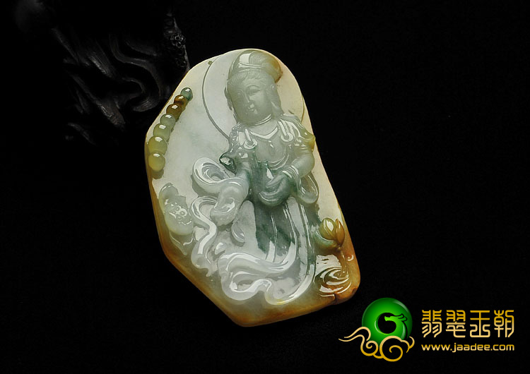 糯冰种黄翡飘花缅甸翡翠A货观音挂件