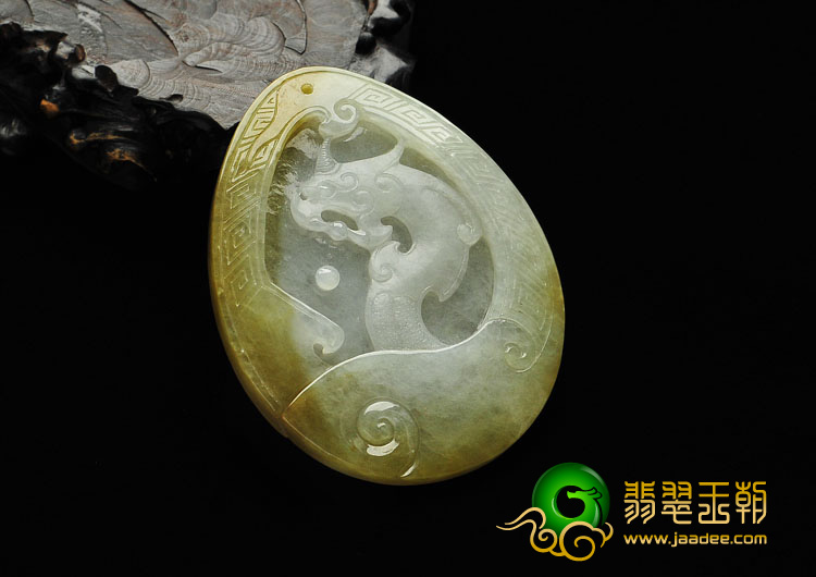 糯冰种褐黄翡缅甸翡翠A货仿古龙挂件