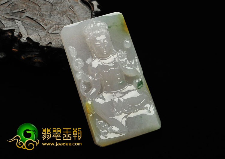 冰种淡黄翡飘花缅甸翡翠A货观音挂件
