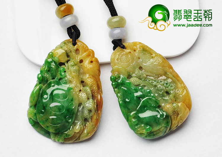糯冰种黄加绿缅甸翡翠A货富贵花开挂件（一对）