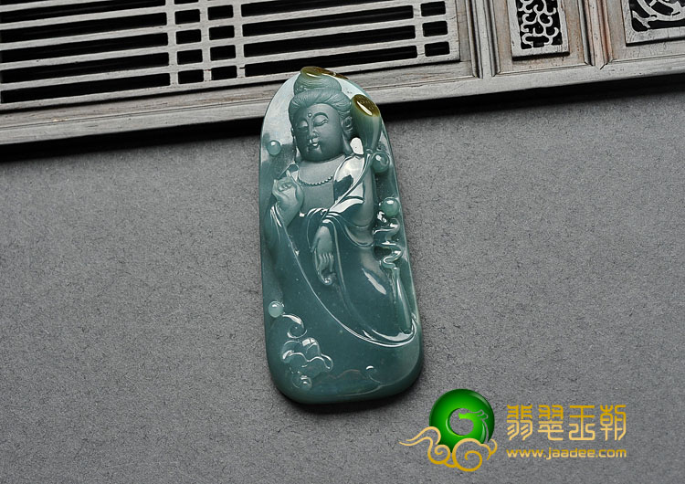 冰种蓝水褐黄翡缅甸翡翠A货观音挂件