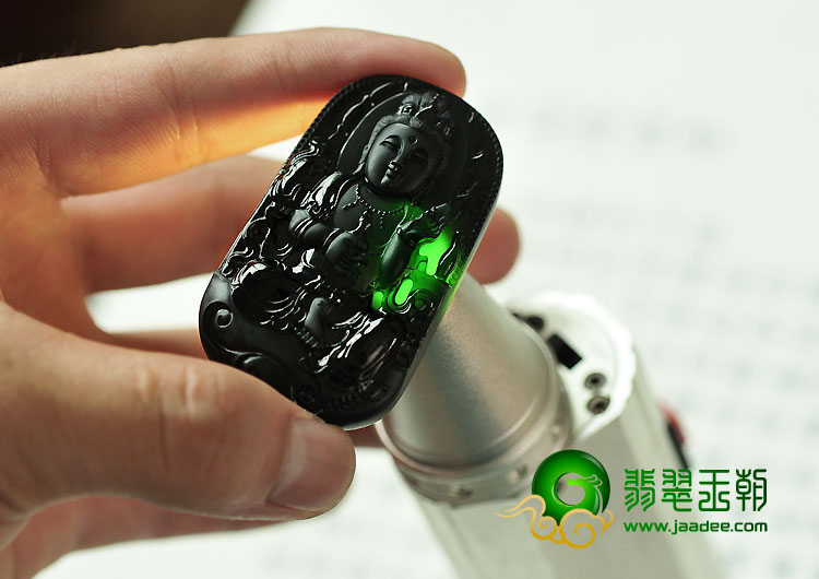 玻璃种极品墨翠缅甸翡翠A货观音挂件