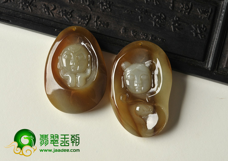 糯冰种褐红翡缅甸翡翠A货金童玉女挂件（一对）