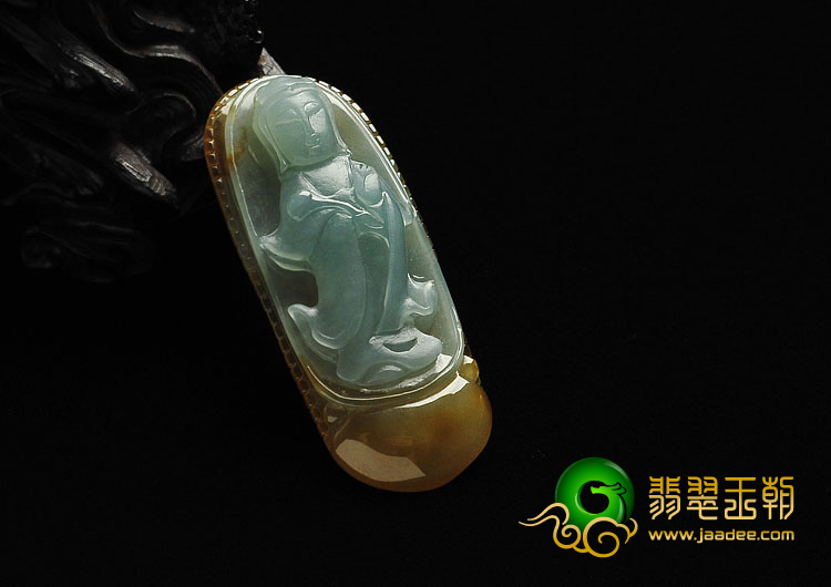 冰种晴水褐黄翡缅甸翡翠A货站观音挂件