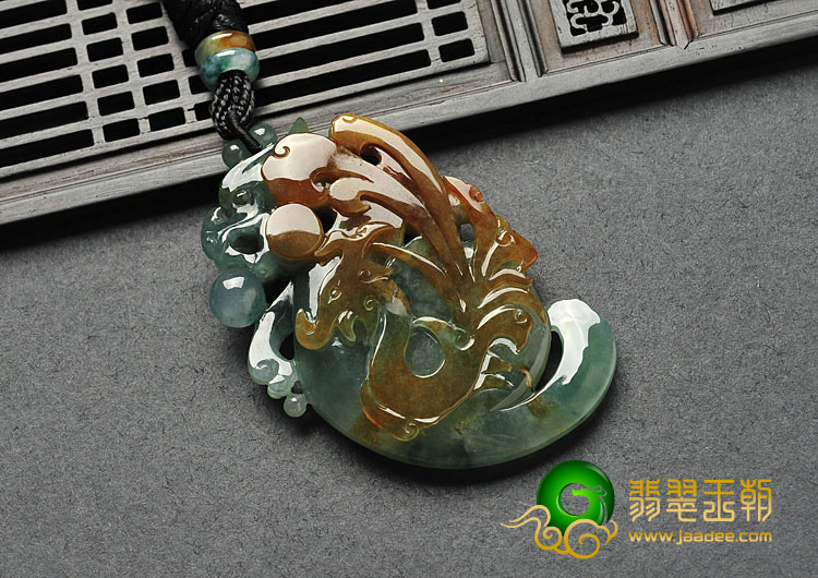 冰种褐红翡飘花缅甸翡翠A货龙凤呈祥挂件
