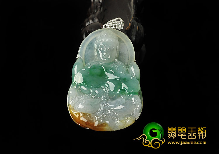 冰种黄加绿缅甸翡翠A货镶白金观音胸坠（真钻）