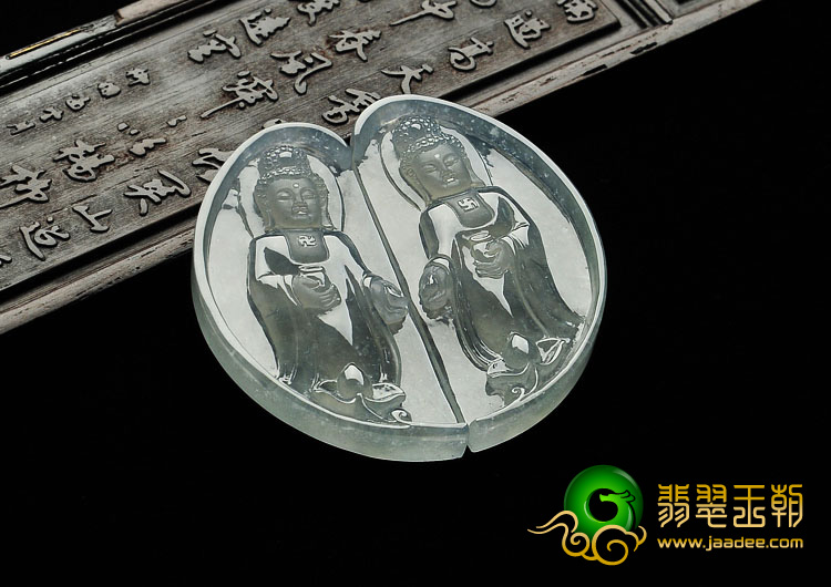 冰玻种晴水缅甸翡翠A货佛在心中挂件（一对）