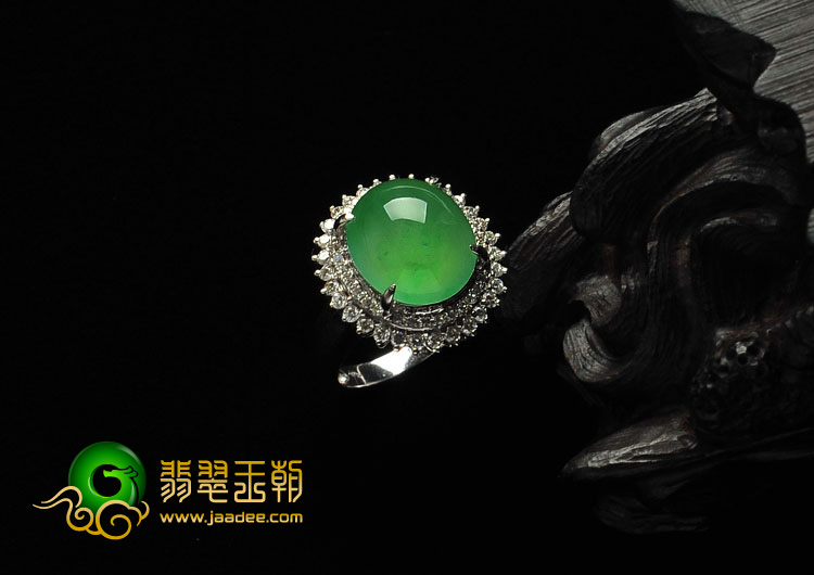 冰种苹果绿缅甸翡翠A货镶白金青翠欲滴戒指