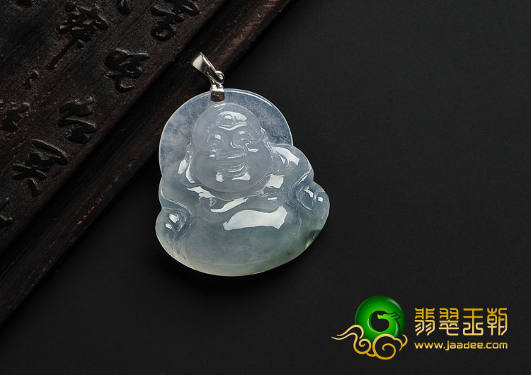 冰种飘花缅甸翡翠A货镶金扣玉佛挂件