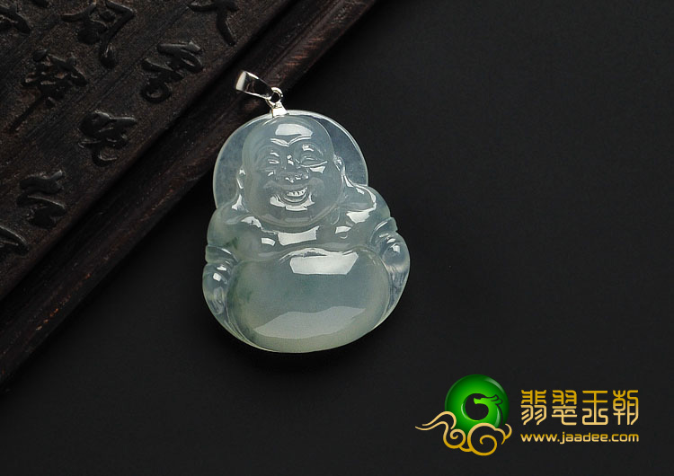 冰种飘花缅甸翡翠A货镶金扣玉佛挂件