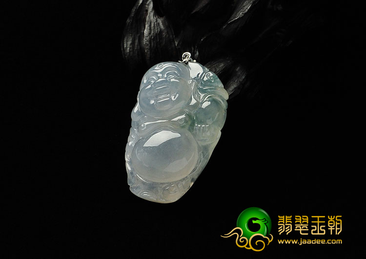 冰种飘花缅甸翡翠A货镶金扣逍遥佛挂件
