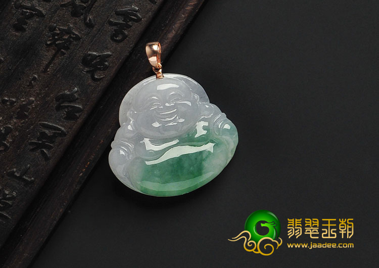 冰种飘绿花缅甸翡翠A货镶金扣玉佛挂件