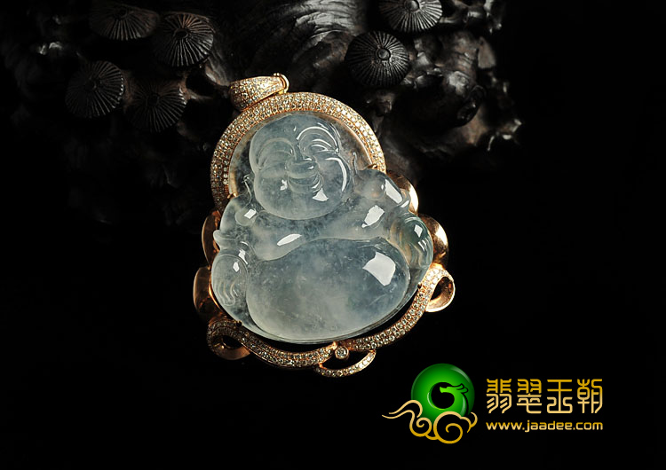 冰种飘花缅甸翡翠A货镶玫瑰金玉佛胸坠（真钻）