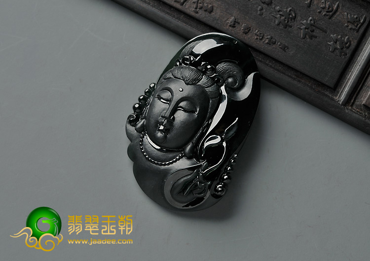 冰种墨翠缅甸翡翠A货观音头挂件