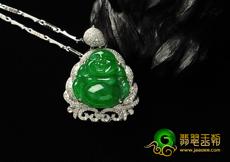冰种正阳绿满绿缅甸翡翠A货镶白金玉佛胸坠（真钻）