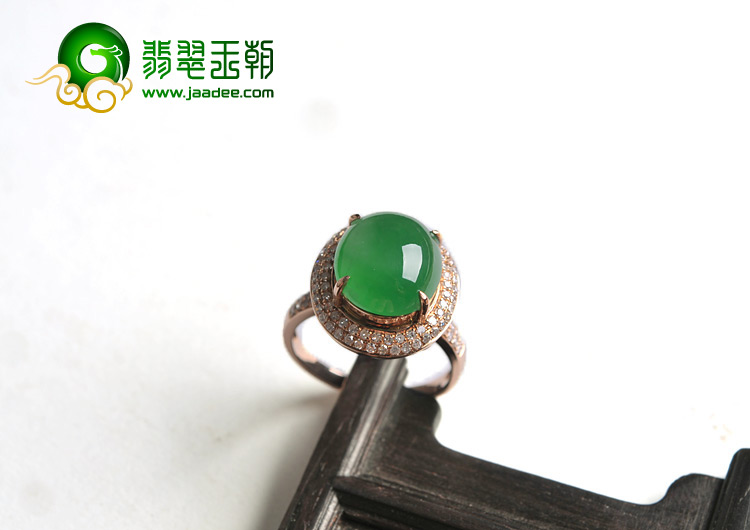 冰种正阳绿满绿缅甸翡翠A货镶玫瑰金戒指（真钻）