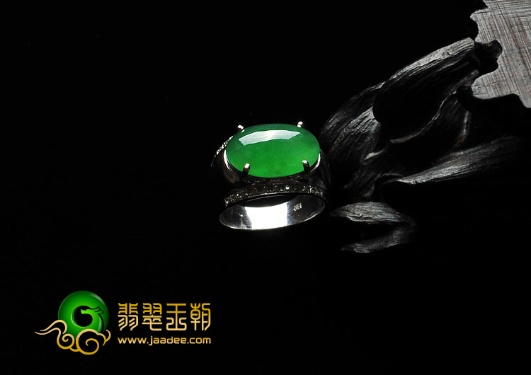 冰种阳绿满绿缅甸翡翠A货镶白金戒指（真钻）