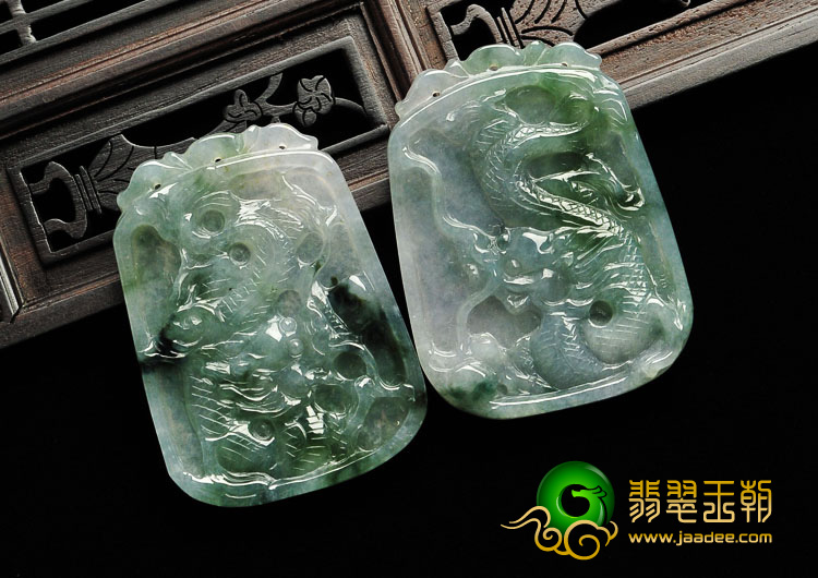 冰种晴水飘花缅甸翡翠A货龙牌挂件（一对）