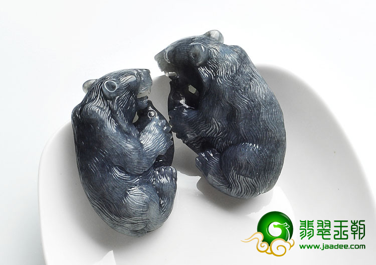 糯冰种灰色缅甸翡翠A货熊挂件（一对）
