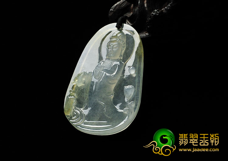 冰玻种淡黄翡缅甸翡翠A货站观音挂件
