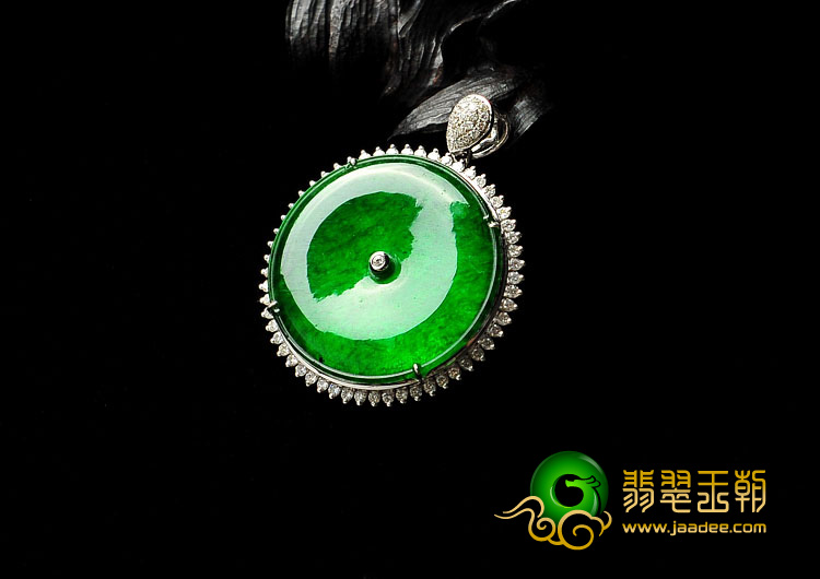 冰种正阳绿满绿缅甸翡翠A货镶白金平安扣胸坠（真钻）