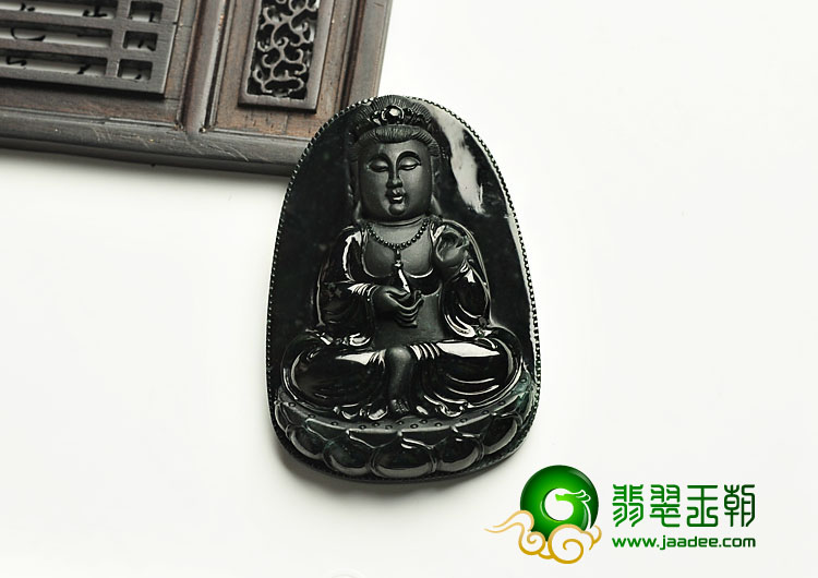 糯冰种墨翠缅甸翡翠A货观音挂件