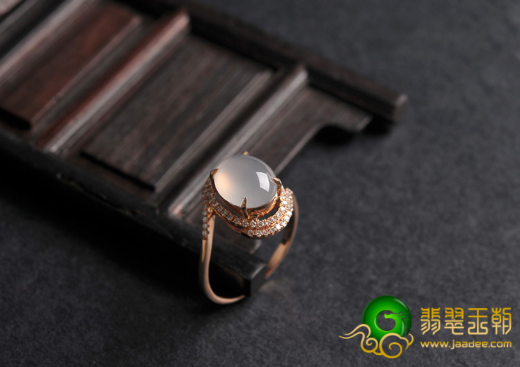 冰种缅甸翡翠A货镶玫瑰金戒指（真钻）