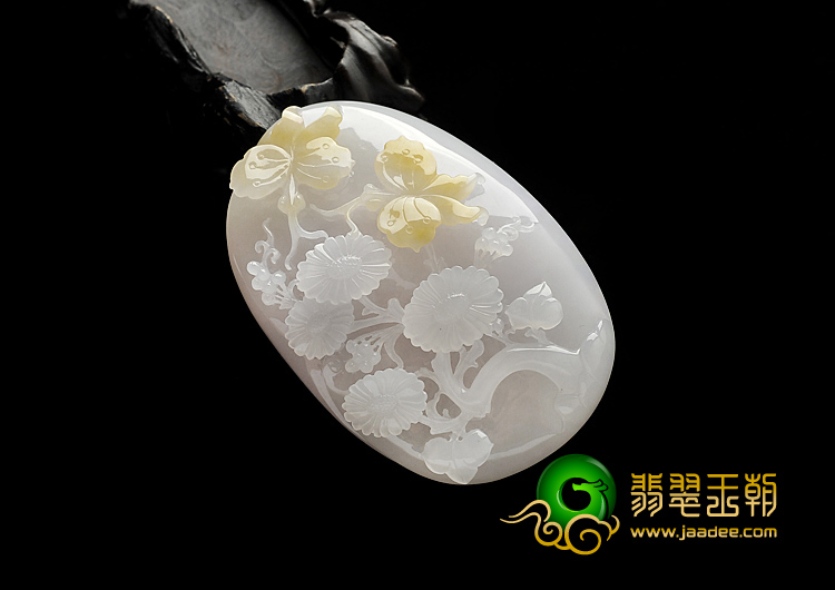 糯冰种黄翡缅甸翡翠A货蝶恋花挂件