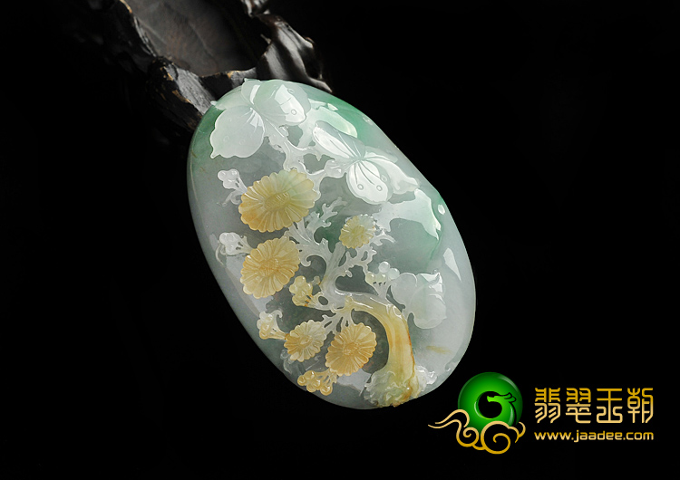 糯冰种黄加绿缅甸翡翠A货蝶恋花挂件