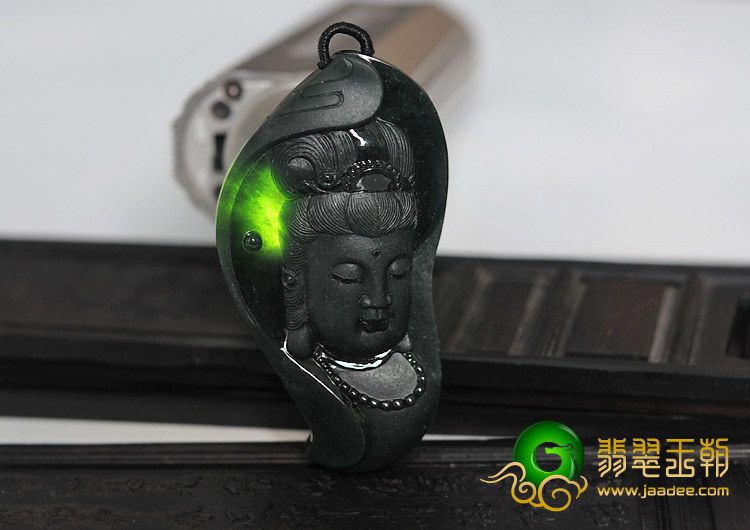 冰种墨翠缅甸翡翠A货观音头挂件
